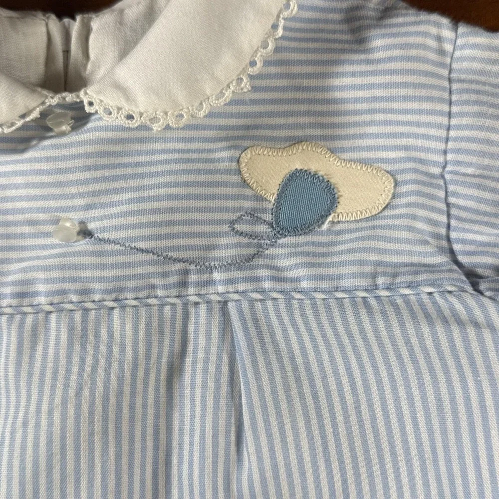 Vintage Jayne Copeland Baby Boy Romper 6M Blue Pinstripe Balloon Peter Pan Colla